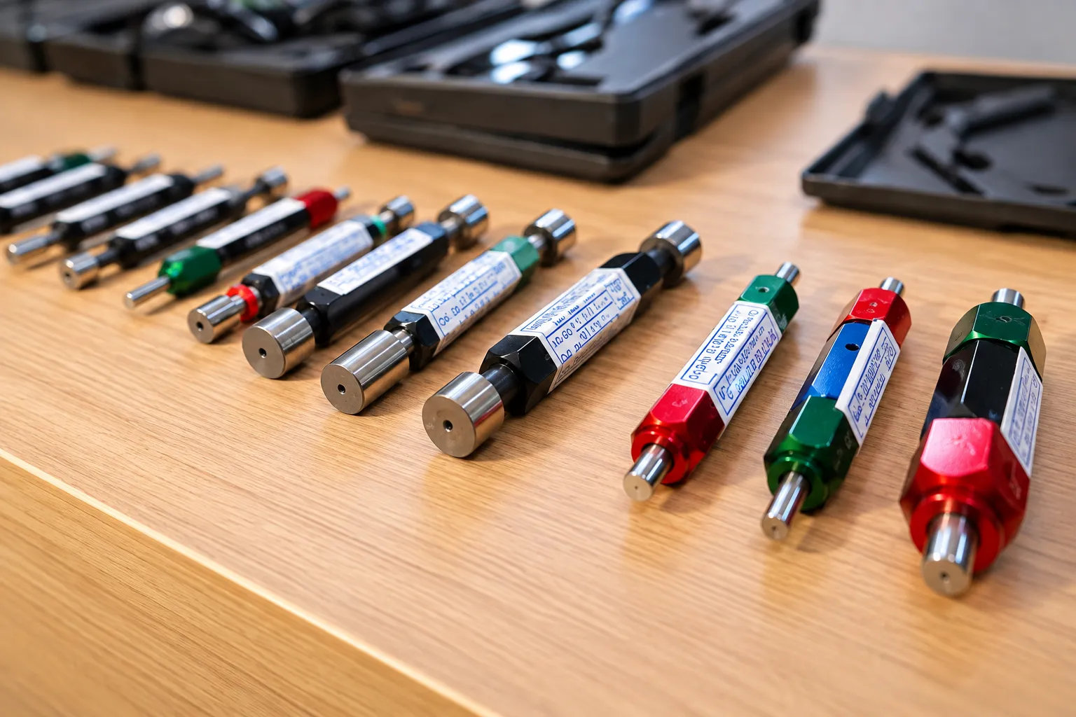 Colour-coded plug and pin gauges used for bore verification