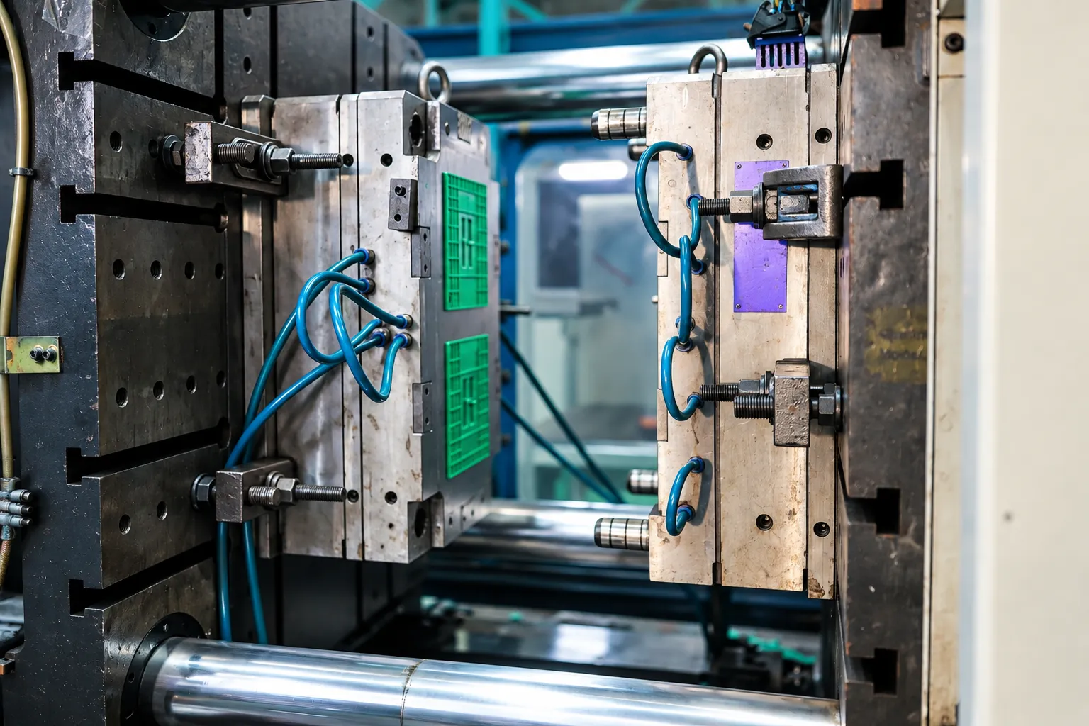 Open injection mould with moulded parts in the cavities before ejection