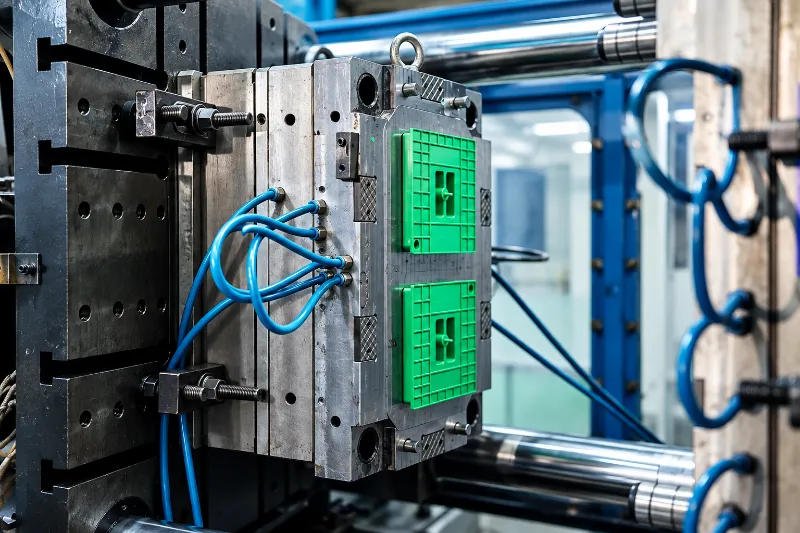 Multi-cavity mould mounted in the machine with parts in the cavities