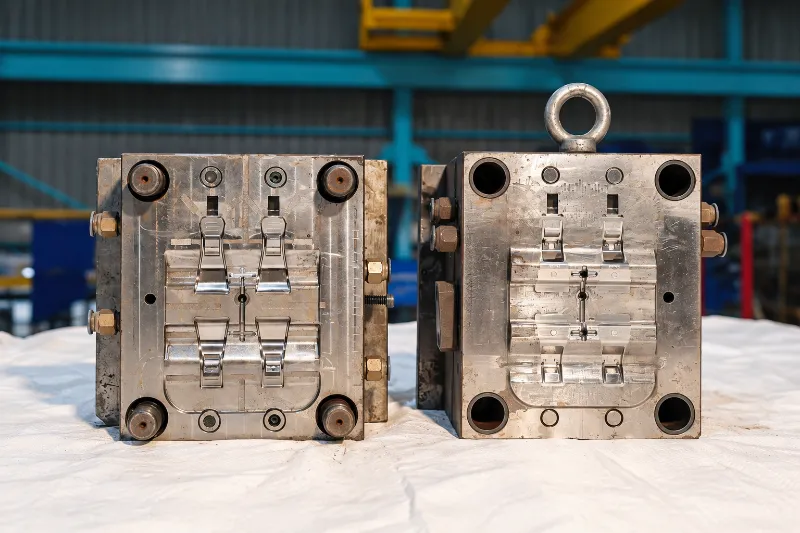 Cavity and core halves of a production mould