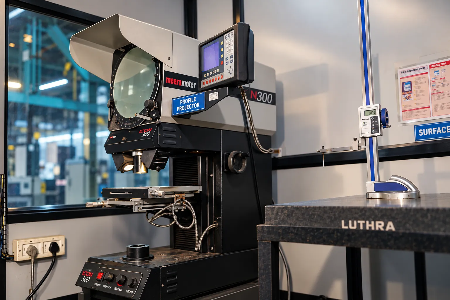 Profile projector and surface plate in the inspection area