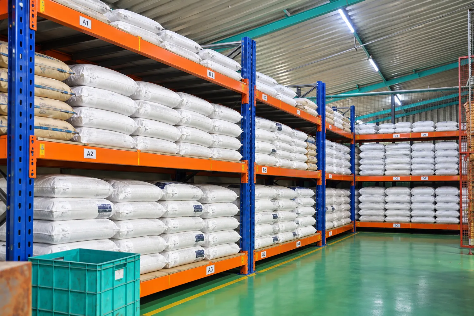 Polymer raw material held on racked storage